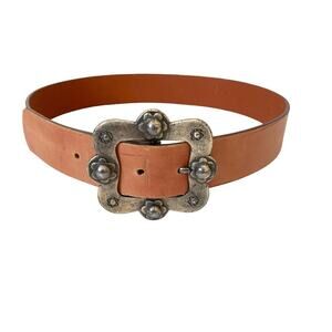 Donna Katz Vintage Brown Leather Belt Floral Silver Tone Buckle medium